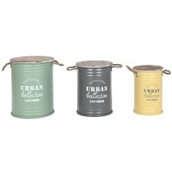 Bidone decorativo Home ESPRIT Giallo Verde Grigio Marrone scuro Metallo Legno di paulownia Vintage 38 x 38 x 48 cm (3 Unità)