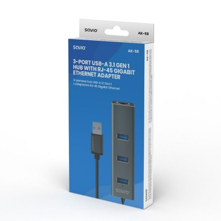 Hub USB 4 Porte Savio AK-58 Ethernet (RJ-45) Grigio