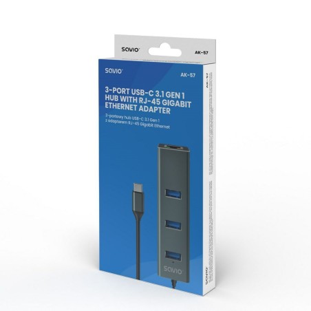 Hub USB-C 4 Porte Savio AK-57 Ethernet (RJ-45) Grigio