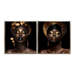 Quadro Home ESPRIT Nero Dorato Africana 80 x 3,5 x 80 cm (2 Unità)