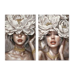 Quadro Home ESPRIT Bianco Beige Fiori Romantico 60 x 3 x 90 cm (2 Unità)