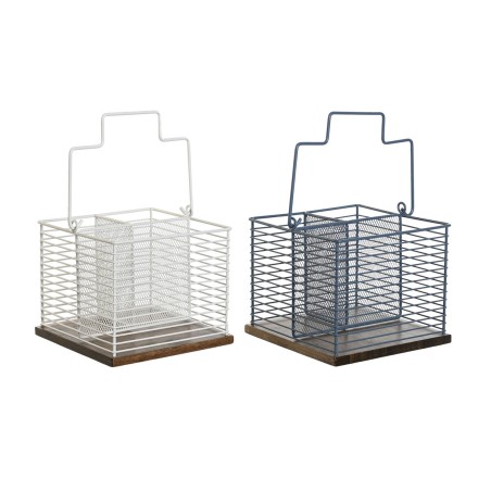 Cestello per posate DKD Home Decor Azzurro Bianco Metallo Legno d'albero della gomma 18 x 18 x 15 cm (2 Unità)