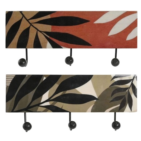 Appendiabiti da parete DKD Home Decor Multicolore Ferro Legno di mango Tropicale Foglia della pianta Laccato 38 x 5 x 18 cm (2 U