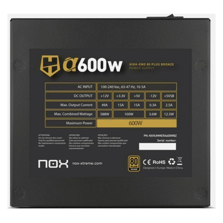 Fonte di Alimentazione Nox NXHUMMERA600WBZ ATX 600 W 80 Plus Bronze