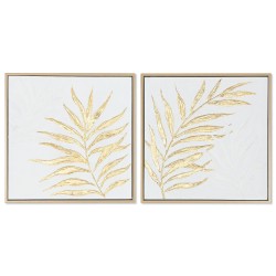 Quadro Home ESPRIT Bianco Dorato Tela Legno MDF Moderno Foglia della pianta 42 x 4 x 42 cm (2 Unità)