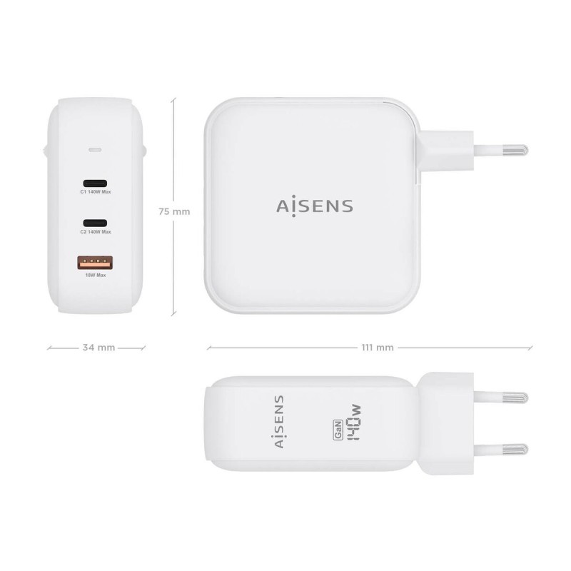 Caricabatterie da Parete Aisens ASCH-140W3P030-W Bianco 140 W (1 Unità) Caricabatterie da Parete Aisens ASCH-140W3P030-W Bianco 140 W (1 Unità)