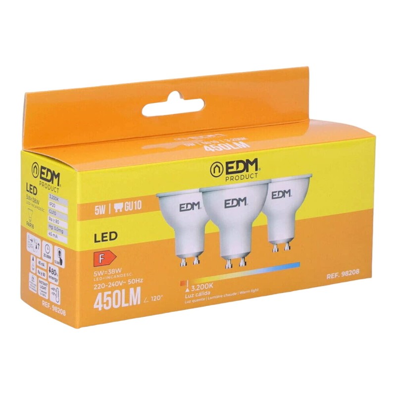 Confezione da 3 lampadine LED EDM 98208 F 5 W 45 W GU10 450 lm Ø 5 x 5,5 cm (3200 K) Confezione da 3 lampadine LED EDM 98208 F 5 W 45 W GU10 450 lm Ø 5 x 5,5 cm (3200 K)