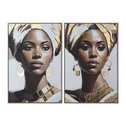 Quadro Home ESPRIT Bianco Marrone Dorato Coloniale Africana (2 Unità)