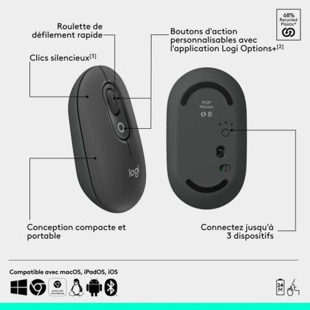Mouse Bluetooth Wireless Logitech Pop Grigio scuro