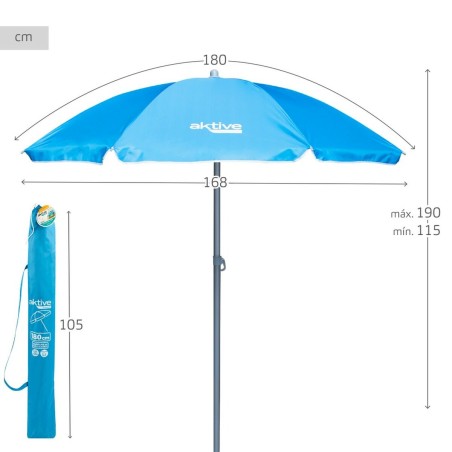 Ombrellone Aktive UV50 Ø 180 cm Azzurro Poliestere Alluminio 180 x 187,5 x 180 cm (12 Unità)