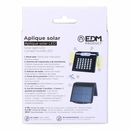 Applique da Parete EDM 31847 Nero 2 W 220 lm Sensore di Movimento Solare (6500 K)