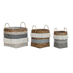 Set di Cestini DKD Home Decor Bianco Grigio Naturale Bambù