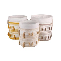 Set di Cestini DKD Home Decor Beige Senape Frange Boho 43 x 43 x 45 cm 3 Pezzi