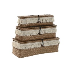 Set di Cestini Home ESPRIT Bianco Naturale Fibra naturale Boho Consumato 32 x 12 x 10 cm 3 Pezzi