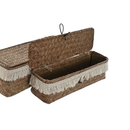 Set di Cestini Home ESPRIT Bianco Naturale Fibra naturale Boho Consumato 32 x 12 x 10 cm 3 Pezzi
