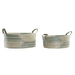 Set di Cestini DKD Home Decor Bianco Turchese Naturale Erba di mare Tropicale 45 x 35 x 18 cm 2 Pezzi