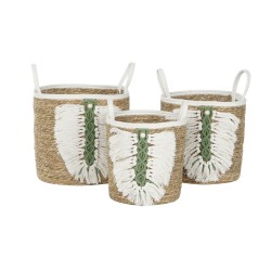 Set di Cestini Home ESPRIT Bianco Verde Naturale Fibra naturale Tropicale 39 x 39 x 36 cm 39 x 39 x 47 cm 3 Pezzi