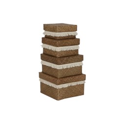 Set di Cestini Home ESPRIT Bianco Naturale Fibra naturale Boho Consumato 30 x 30 x 19 cm 4 Pezzi