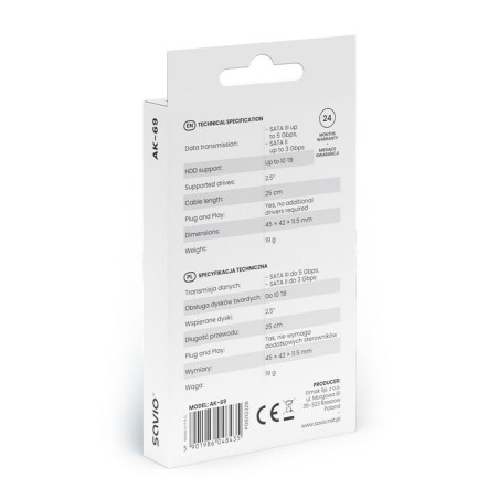 Adattatore da USB a SATA per Hard Disk Savio AK-69 25 cm