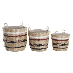 Set di Cestini DKD Home Decor Bianco Nero Rosso Granato Naturale Fibra naturale (3 Pezzi)