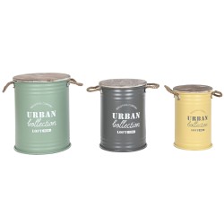 Bidone decorativo Home ESPRIT Giallo Verde Grigio Marrone scuro Metallo Legno di paulownia Vintage 38 x 38 x 48 cm (3 Unità)