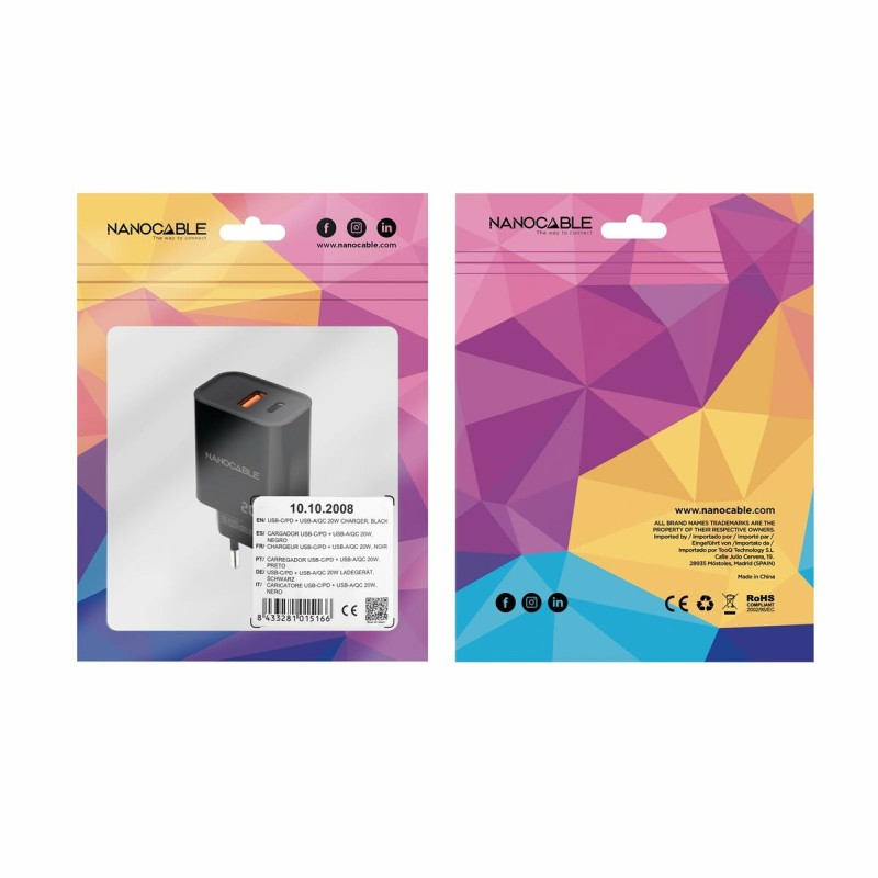 Caricabatterie da Parete NANOCABLE 10.10.2008 Nero 20 W Caricabatterie da Parete NANOCABLE 10.10.2008 Nero 20 W
