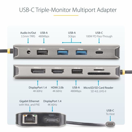 Hub USB Startech 154B-USBC-MULTIPORT Grigio 100 W