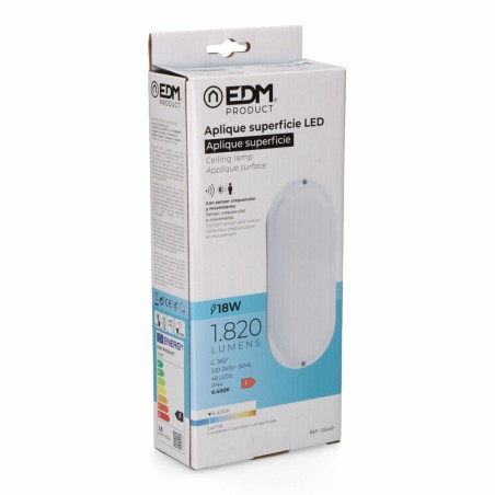 Applique da Parete EDM 32449 Bianco Plastica F 18 W 120 W 1820 Lm Sensore di Movimento Sensore di luce Ovale (6400 K)