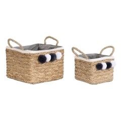 Set di Cestini DKD Home Decor Fibra naturale Pompon 33 x 33 x 25 cm