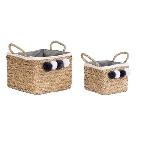 Set di Cestini DKD Home Decor Fibra naturale Pompon 33 x 33 x 25 cm