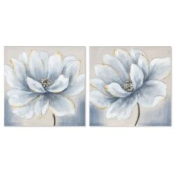 Quadro Home ESPRIT Azzurro Bianco Tela Legno MDF Fiore Tradizionale 40 x 2,5 x 40 cm (2 Unità)